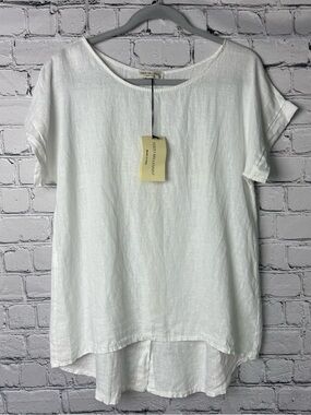 Terzo Millennio White 100% Linen Short-Sleeve High-Low Blouse Boho Chic Sz Small